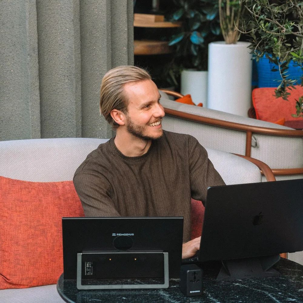 Founder Jim working with a portable monitor